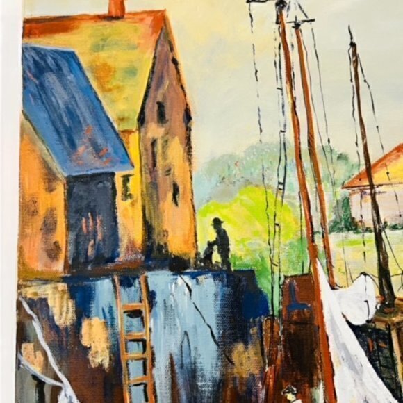 🎉PRICE REDUCED🎉 Nautical SAILBOATS AT DOCK Canvas Painting‎ 1974 Signed 20x16 - Picture 4 of 16